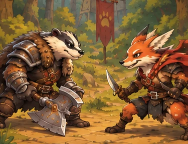 Playful fantasy duel between a badger and a fox