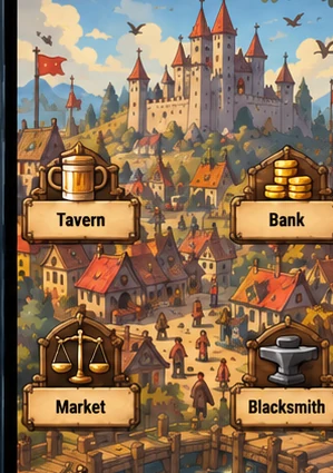 Illustrated medieval town from the game